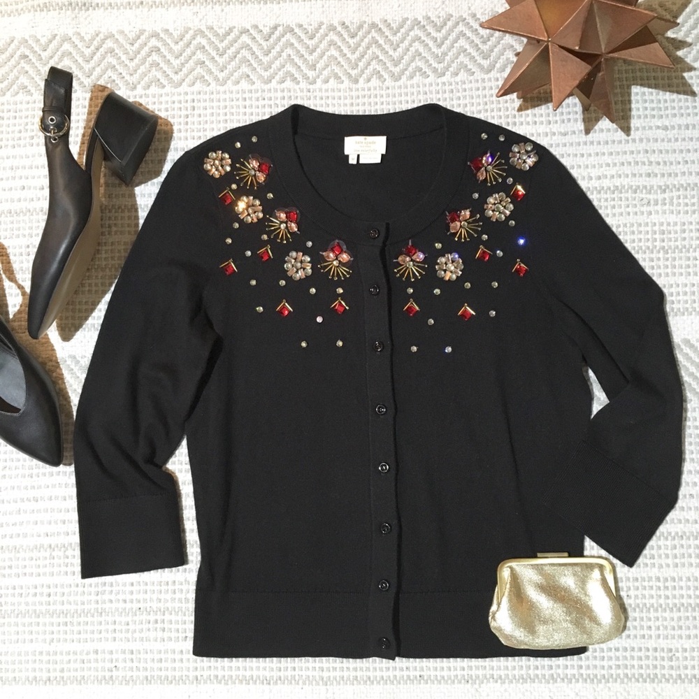 KATE SPADE Cashmere Silk Jeweled Holiday Cardigan